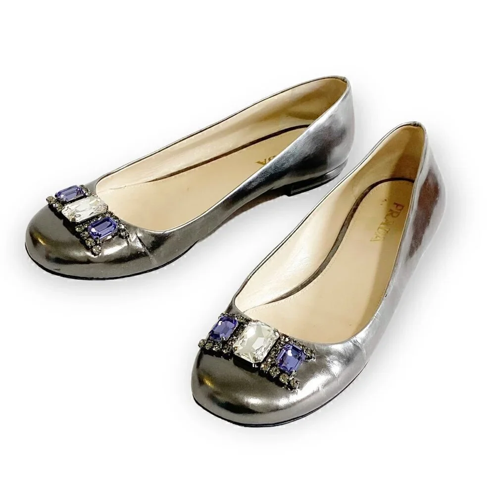 Prada pewter leather jewelled flats, size 38.5 EU